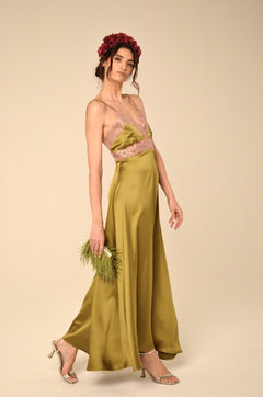 Abito Cassandra in Satin Verde oliva