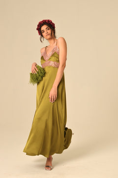 Abito Cassandra in Satin Verde oliva